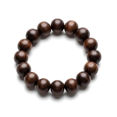 A circular bracelet made of dark brown wooden beads on a white background.