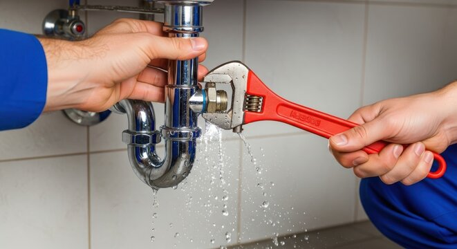 Closeup of a plumber repairing a leaky sink with a wrench, water spraying everywhere, showing the hands of the plumber and the wrench in action, fixing a plumbing issue in a bathroom