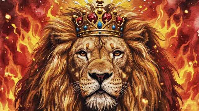 Majestic lion with crown surrounded by flames digital art