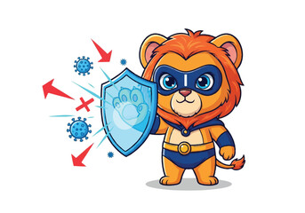 Cartoon lion superhero character holding shield against germs on white background with blue and red elements.