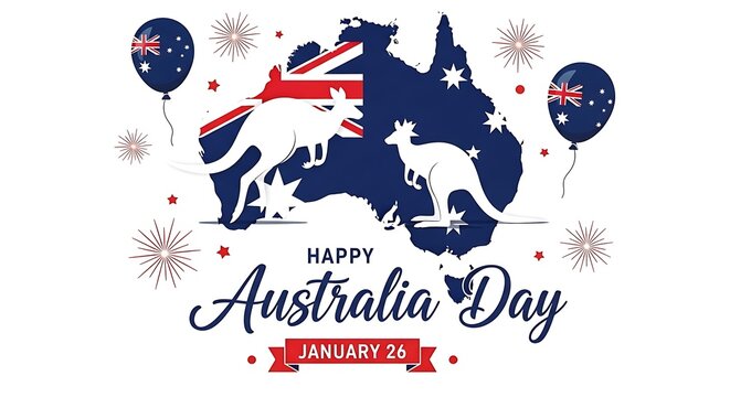 Happy australia day on january 26 with kangaroo silhouette and national flag isolated on white background for festive celebration