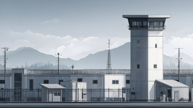 Modern correctional facility design with grey prison structures