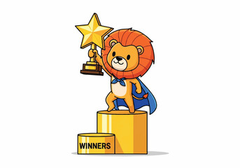 A cartoon lion mascot holding a star trophy standing on a winner's podium with a blue backpack on a white background with a cheerful mood.