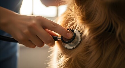 Close-up of Veterinarian Checking Golden Retriever Dog with Stethoscope