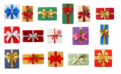 Christmas gift box collection with festive ribbons, bows, and seasonal accents arranged as isolated holiday elements on transparent background