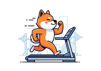 Illustration of a cartoon Shiba Inu running on a treadmill in a gym with a white background and blue outlines of fitness equipment.