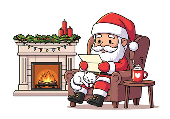 Illustration of Santa Claus sitting in a chair reading a letter by the fireplace with a cat on his lap and a cup of hot cocoa on a side table in a cozy Christmas scene.