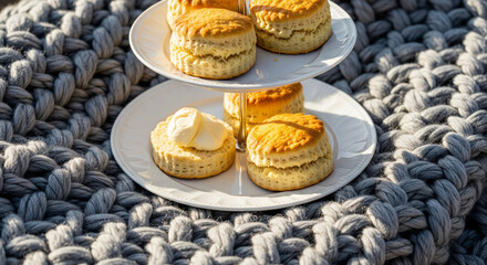 Classic British Scones with Cream on Knitted Fabric.
Close-up shot of freshly baked golden-brown British scones presented on a white two-tiered cake stand, resting on a cozy