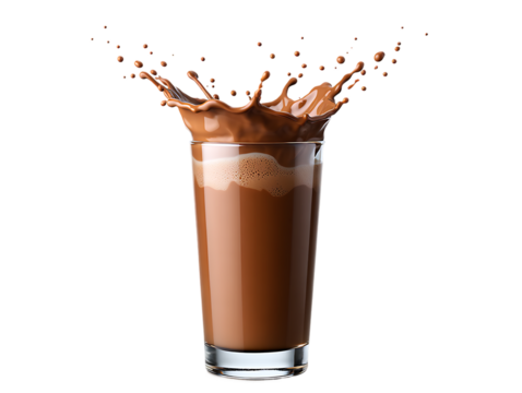 A glass of chocolate or coffee milk splashing upwards, on png background