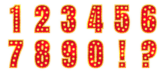 Circus number marquee with retro neon bulb light for theater, casino or carnival show. 3d red and gold numeral in vintage typography style with quiz sign for broadway stage. Bright character vector
