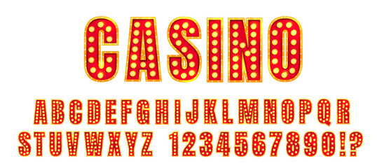 Retro circus alphabet with neon bulb light sign for cabaret, theater or casino show. 3d vintage red gold letters in bright typography style for hollywood or carnival stage. Burlesque font vector