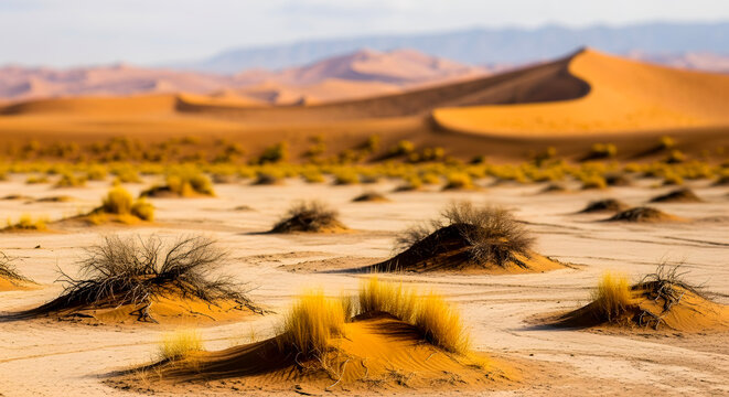 Vast Desert Dunes and Sparse Vegetation Under a Hazy Sky