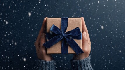 Wrapped present with dark blue elegant bow against snowy backdrop. Perfect for Christmas, birthday celebration, anniversary surprise, or festive holiday event.