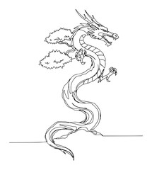 Eastern Dragon Twisting Around Bonsai Branch – Elegant Mythical Creature Vector Illustration