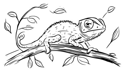 Naklejka premium Chameleon Crawling on Leafy Branch – Detailed Reptile Wildlife Vector