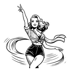 Retro Pin‑Up Girl Dancing with Scarf – Vintage Rockabilly Vector Illustration