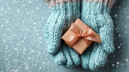 Winter holiday scene with hands in knitted blue mittens holding small gift pack with ribbon on snowy background. Cozy seasonal present delivery concept with organic kraft paper.