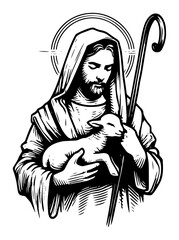 Good Shepherd Jesus Holding Lamb – Pastoral Christian Symbol Illustration © Luka