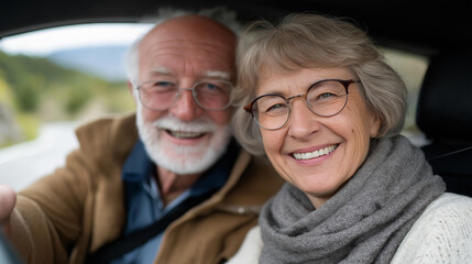 Joyful senior couple driving an electric car through countryside roads surrounded by green fields, representing eco-friendly transportation, independence in aging, and modern senior lifestyle