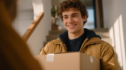 A sibling giving up their weekend plans to help move an elderly relative, smiling warmly while carrying heavy boxes up the stairs — family loyalty, personal sacrifice, and supportive relationships.