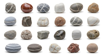 Collection of assorted pebbles stones isolated on white background flat lay top view nature