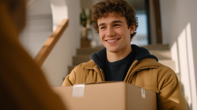 A sibling giving up their weekend plans to help move an elderly relative, smiling warmly while carrying heavy boxes up the stairs &mdash; family loyalty, personal sacrifice, and supportive relationships.