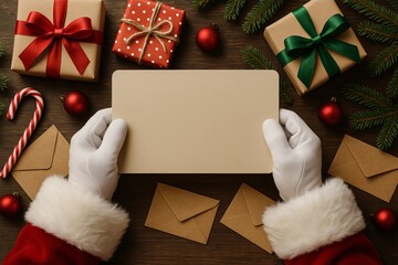 Closeup of Santa holding a blank sign above a table filled with gifts letters and Christmas items