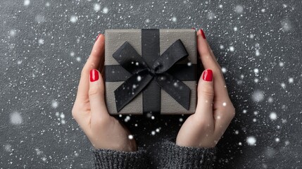 Female hands with red manicure presenting wrapped package against dark snowy backdrop. Elegant holiday surprise perfect for festive occasions and special moments.