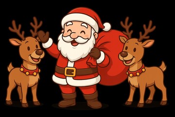 Cute cartoon Santa with big red gift sack and reindeer friends isolated Christmas vector character