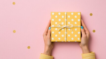 Female hands with manicure holding yellow polka dotted wrapped gift box with decorative ribbon against soft pink background. Holiday gifting scene.