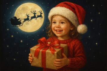 Happy child holding Christmas gift watching Santa fly across moonlit sky festive holiday portrait