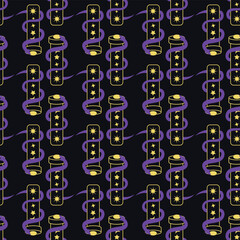 Magic seamless pattern with constellations, sun, moon, magic eyes, clouds and stars. Mystical esoteric background for design