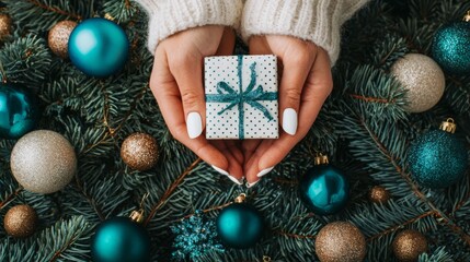 Elegant manicured hands hold wrapped present with decorative bow against festive evergreen branches adorned with teal ornaments. Seasonal celebration scene for special occasions.