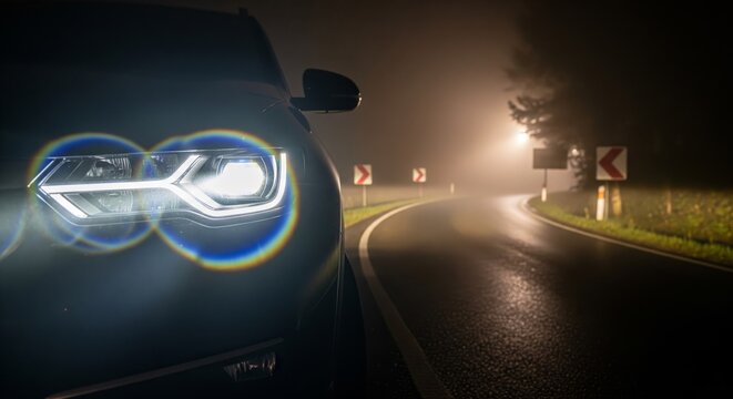 A car's headlights illuminate a winding road shrouded in dense fog during the night.