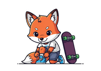 Cartoon illustration of a cheerful orange fox tying skateboard shoes with a purple skateboard beside on a white background