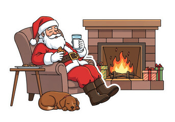 Illustration of Santa Claus relaxing in a chair with a dog by a fireplace