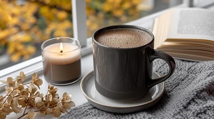 Enjoy a comforting warm drink while reading a book amidst soft candlelight and beautiful autumn colors for a cozy atmosphere