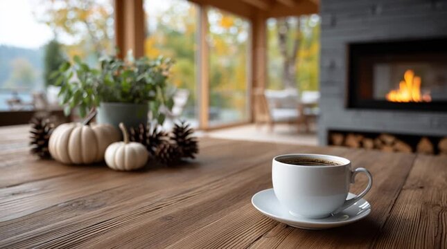 Enjoy a peaceful moment as warm coffee sits on a wooden table beside autumn decor and a glowing fireplace - Powered by Adobe