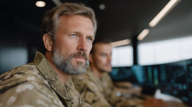 Cyber defense team monitoring real-time digital threats and intrusion attempts in a secure military hub with holographic data visualizations, representing military cybersecurity operations, AI