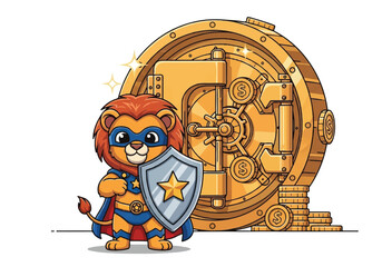 Cartoon lion mascot in superhero costume standing with shield and gold coins against a vault door on white background with warm tones