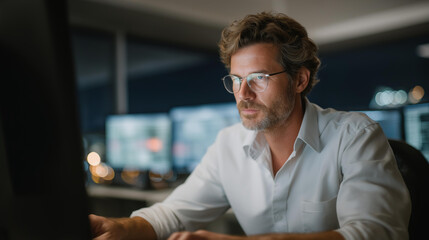 An IT specialist responding to a cybersecurity breach, typing intensely as red warning icons glow on multiple monitors — digital threat response, network protection, and high-pressure technical