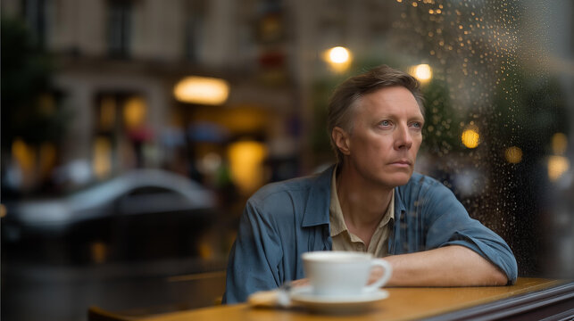A man sits alone at a café, staring through a rain-streaked window, a half-empty cup beside him. Outside, the city moves on, but inside, time slows — a portrait of solitude and introspection. The