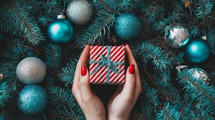 Red manicured hands presenting wrapped gift package.