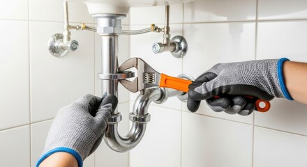 A closeup shot of hands wearing protective gloves, skillfully using a wrench to tighten or adjust a pipe fitting beneath a sink, highlighting the precision and expertise involved in plumbing repairs
