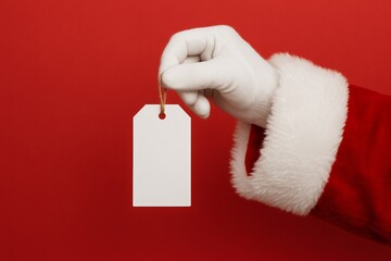 Santa Claus hand holding blank white tag on red background Christmas gift label concept