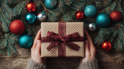 Female hands presenting wrapped gift box with decorative brown bow on background of festive evergreen branches. Christmas celebration scene with elegant present and seasonal ornament decor.