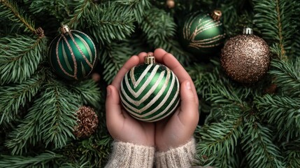Festive striped ball ornament grasped by small hands in knitted sweater. Christmas tree backdrop adds seasonal charm to this cozy family holiday scene at home.