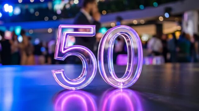 Neon 50th Anniversary Celebration: Glowing Numbers at Party Venue