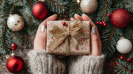Elegant present wrapped in decorative paper with luxurious bow held by person near pine tree branches with colorful ornaments. Cozy winter celebration scene perfect for anniversary or event design.