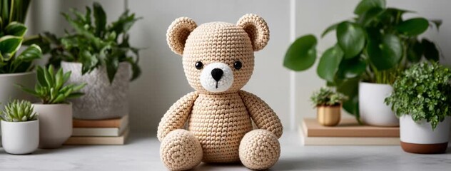 A handmade bear sits among vibrant plants, creating a warm and inviting atmosphere. Perfect for craft lovers and cozy decor fans